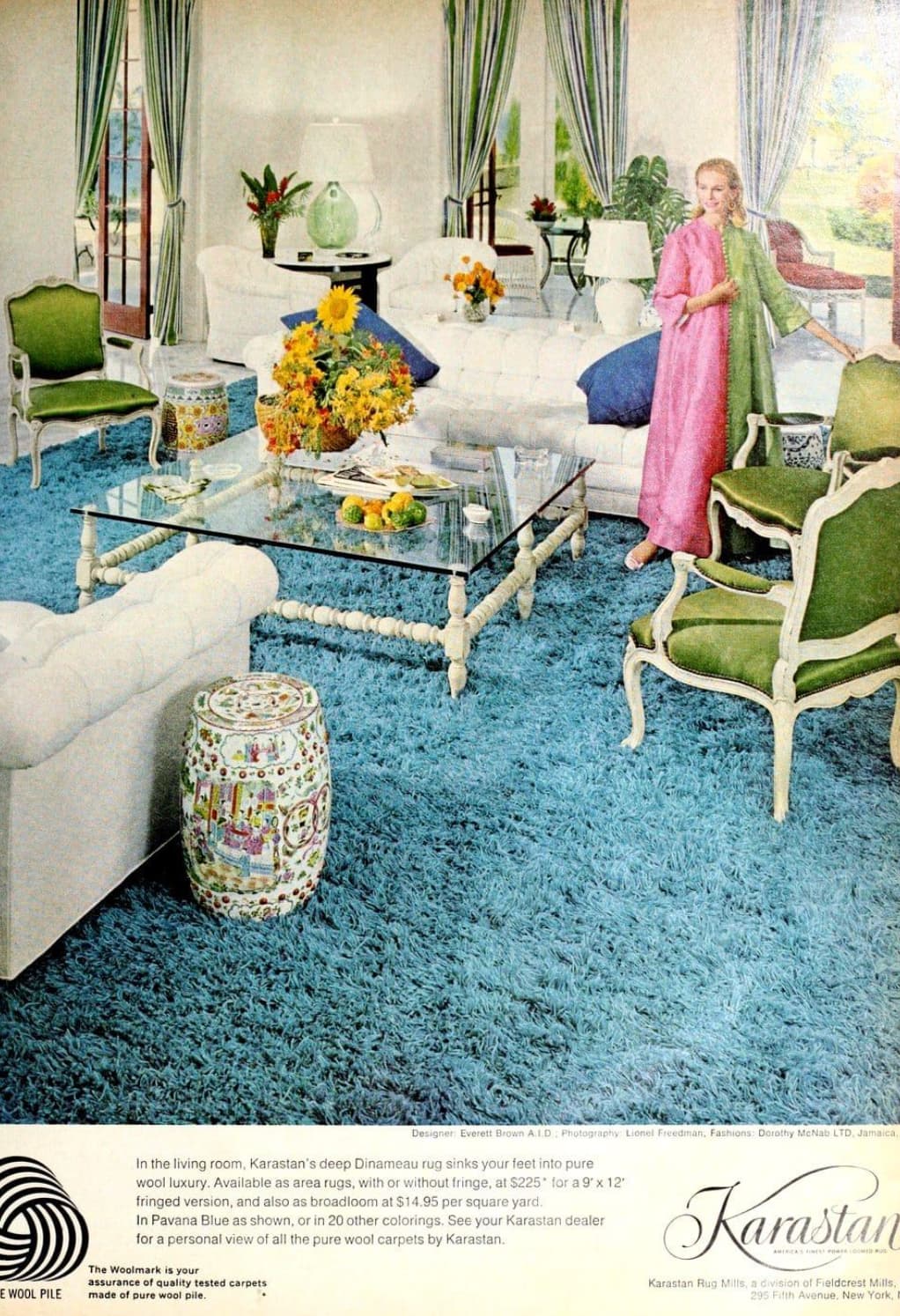 carpet 70s - E Wool Pile Designer Everett Brown A.Id Photography Lionel Freedman, Fashions Dorothy McNab Ltd, Jamaica, In the living room, Karastan's deep Dinameau rug sinks your feet into pure wool luxury. Available as area rugs, with or without fri